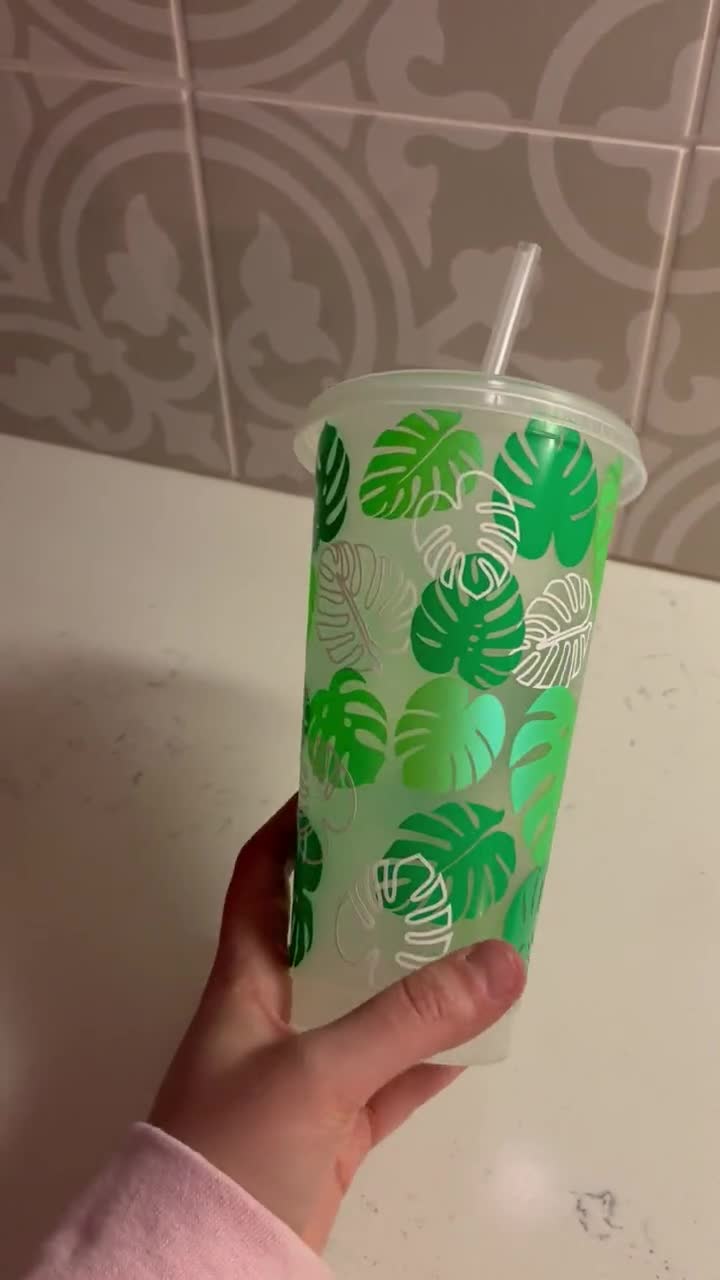 Clear Plastic 24 Ounce Tumbler with Green Tropical Leaf Design and Straw