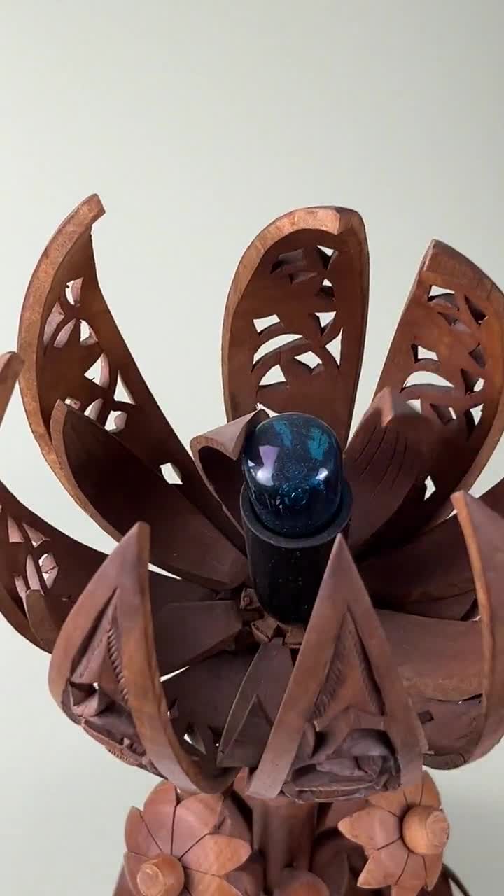 Wooden Lotus Lamp With Mechanism, 1970s, Hand-carved Wood Carving