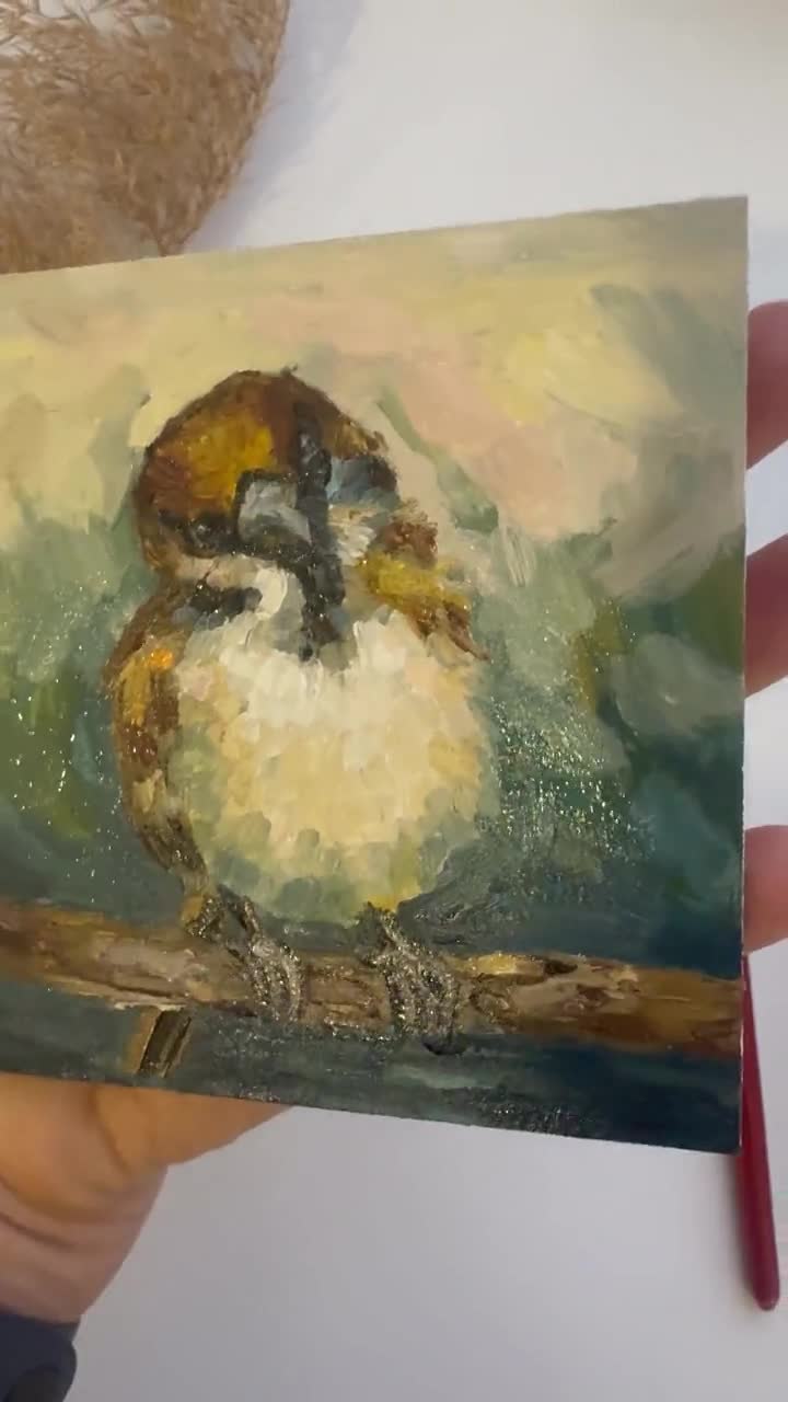 スズメの油絵：インパスト鳥アート、オリジナル壁装飾（4x4インチ