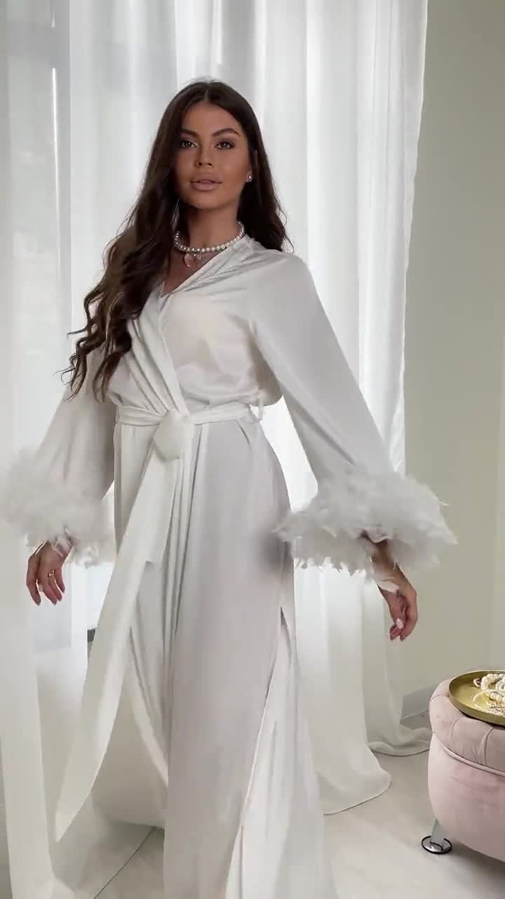 Long Bridal Robes White Bride Robe Boudoir Robe Luxury Wedding Robe Maxi  Bridal Robe Ostrich Feathers Robe Sheer Robe Long Silk Robe 