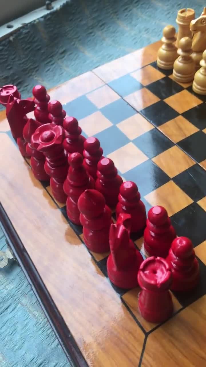 Old Antique Red and Cream Turned Wooden Lacquer Chess Set Game with Olive  Wood Box Complete Boxed c.1920