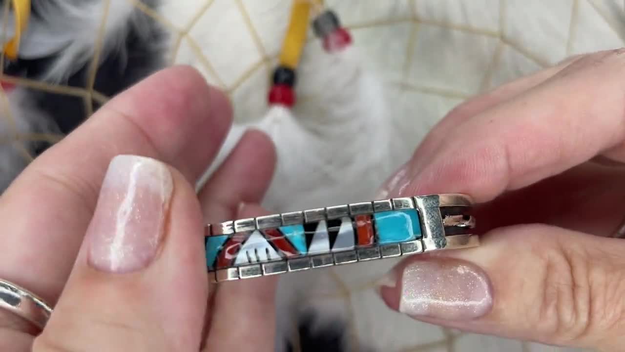 Handmade Zuni Turquoise Coral Inlay Bracelet Sterling Silver