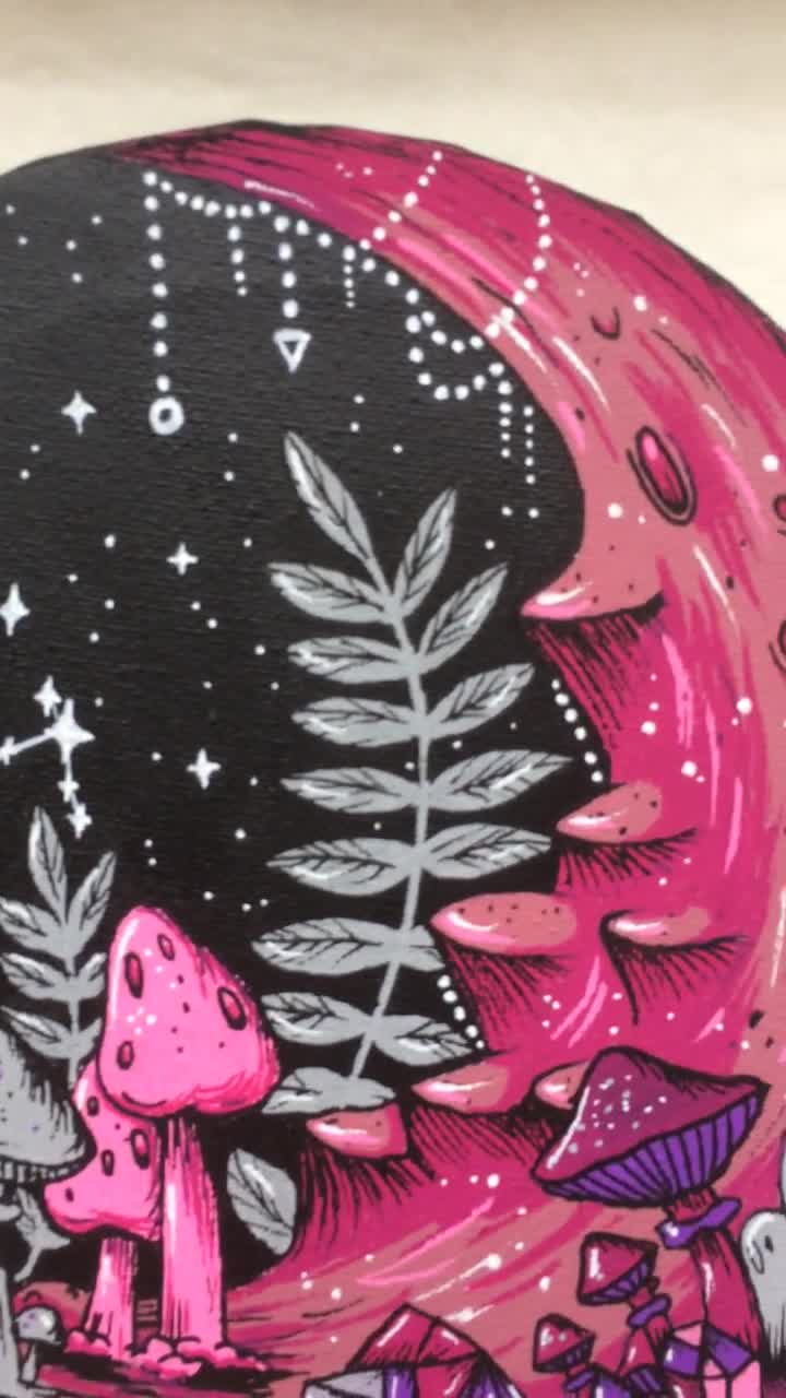 ピンクムーンアクリル画：フォレストコアゴシック天体アート（20 x 20