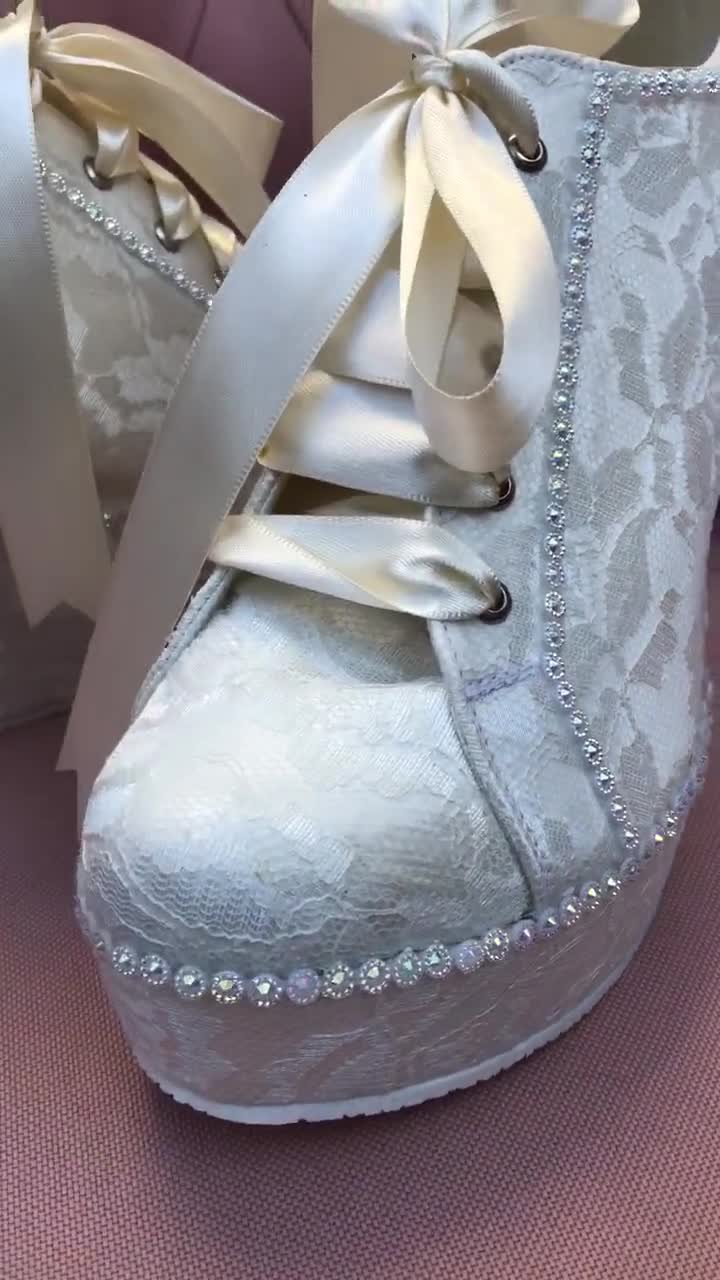 Bridal wedge sneakers, ivory wedding shoes with pearls