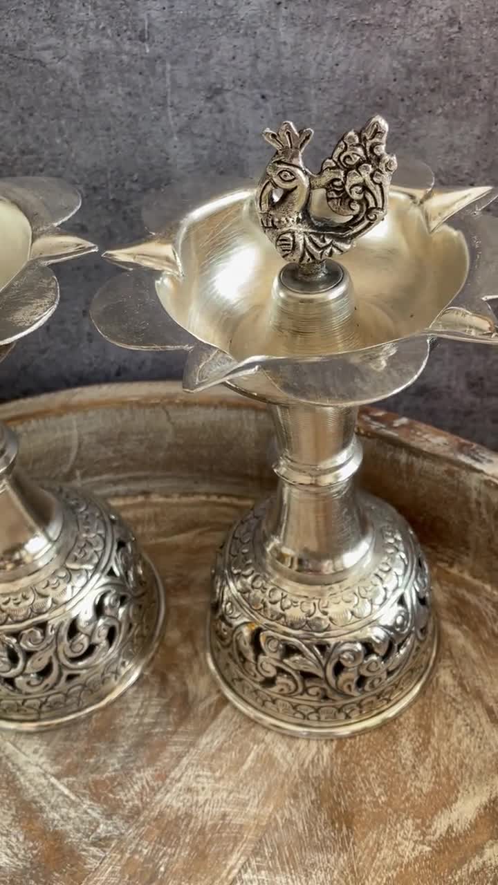 Set of 2 Copper With Silver Polish Lamp, German Silver Diya