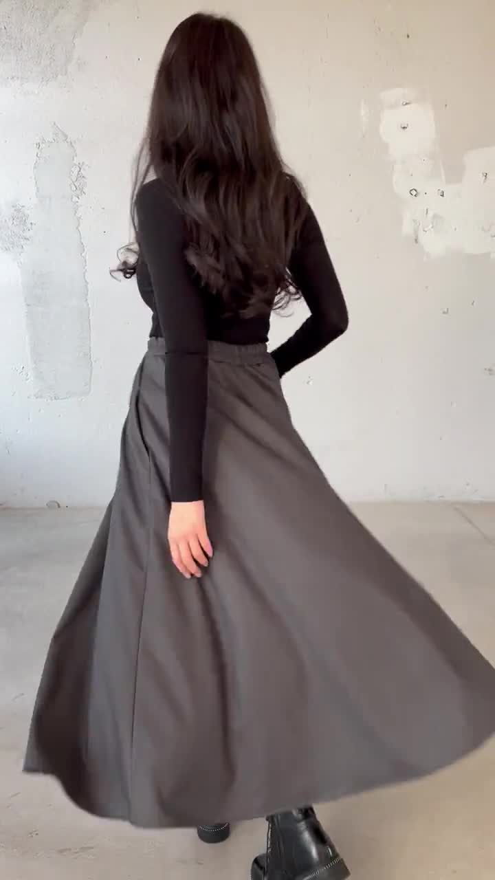 ❤︎ Dunkelgrauer Wollrock mit Taschen, Rock mit hoher Taille, Langer