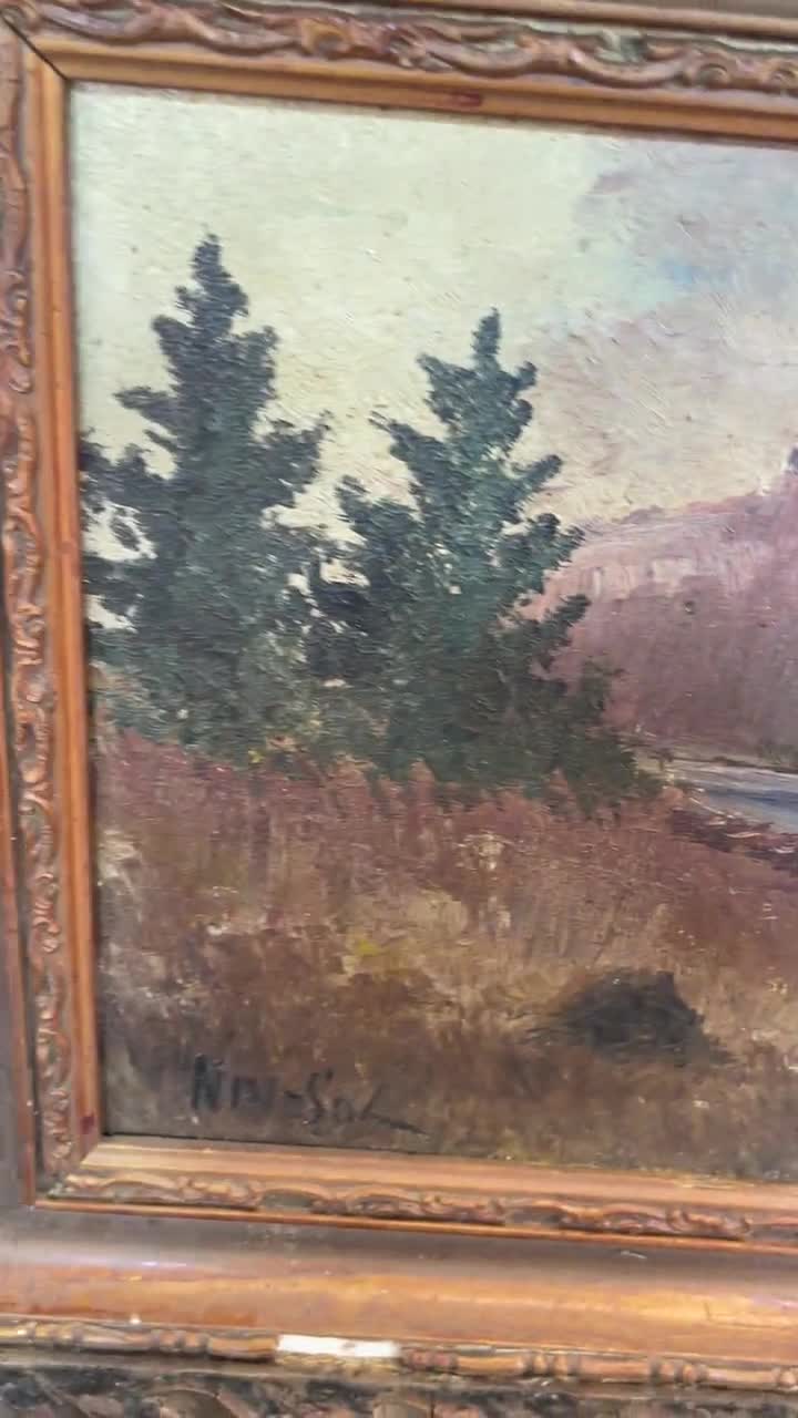 1910s〜1930s 古いフランスの山岳写真 アンティーク 骨董 アート Antique French signed impressionist landscape painting of lake and