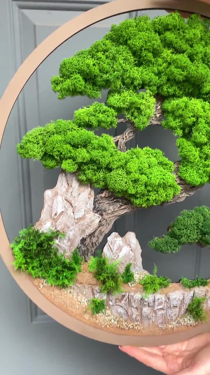 Handmade Preserved Moss Bonsai Wall Decor | Natural Wood Frame