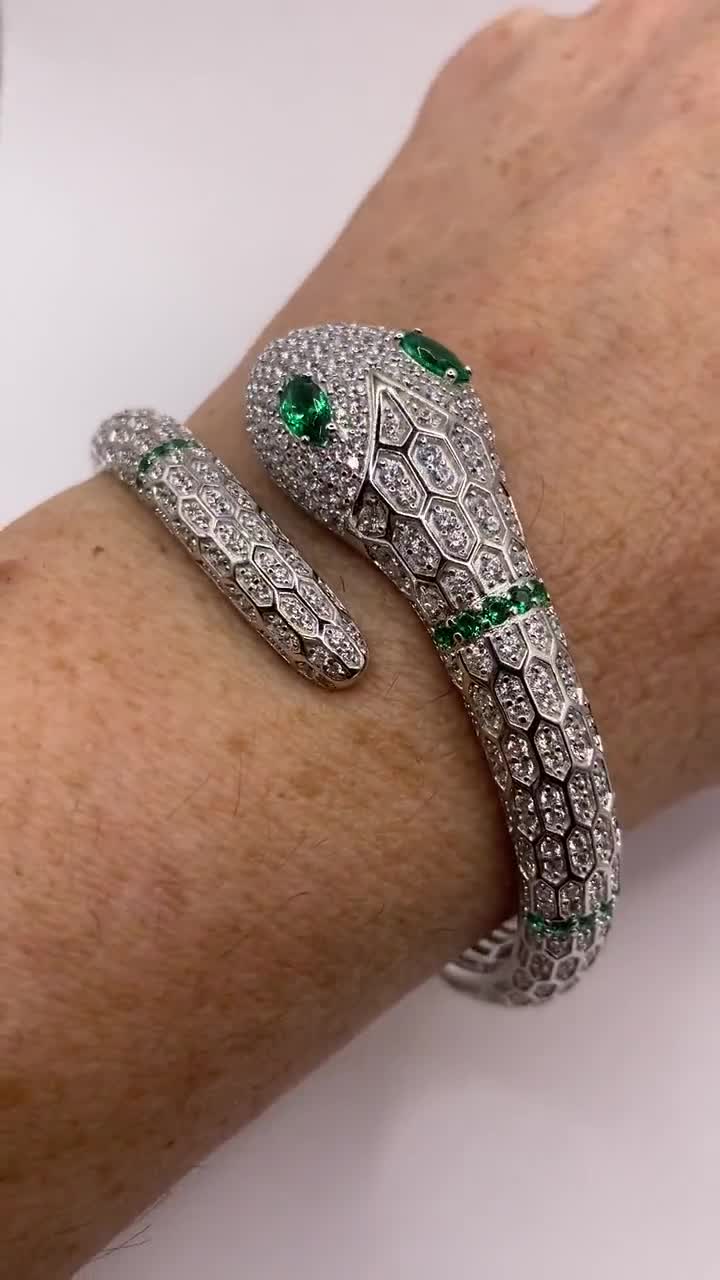 Vintage Bracelet | Silver Snake With Emerald Green CZ