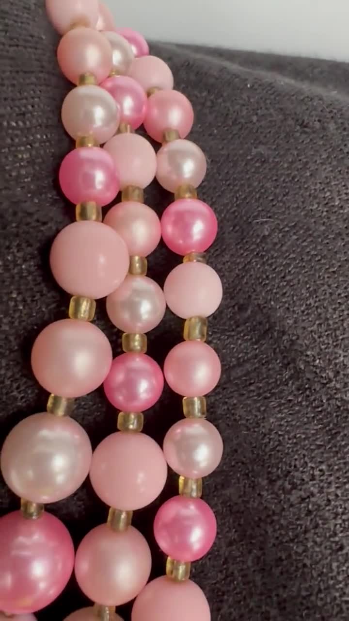 50s 3-strand Pink Pearl Beaded Necklace, Vintage Pink Beaded