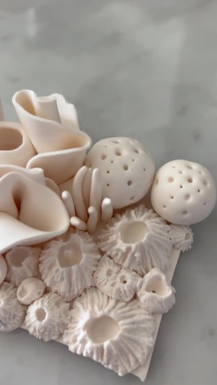 White pierced ceramic sculpture / good coral house décor / porcelain object / beach scene