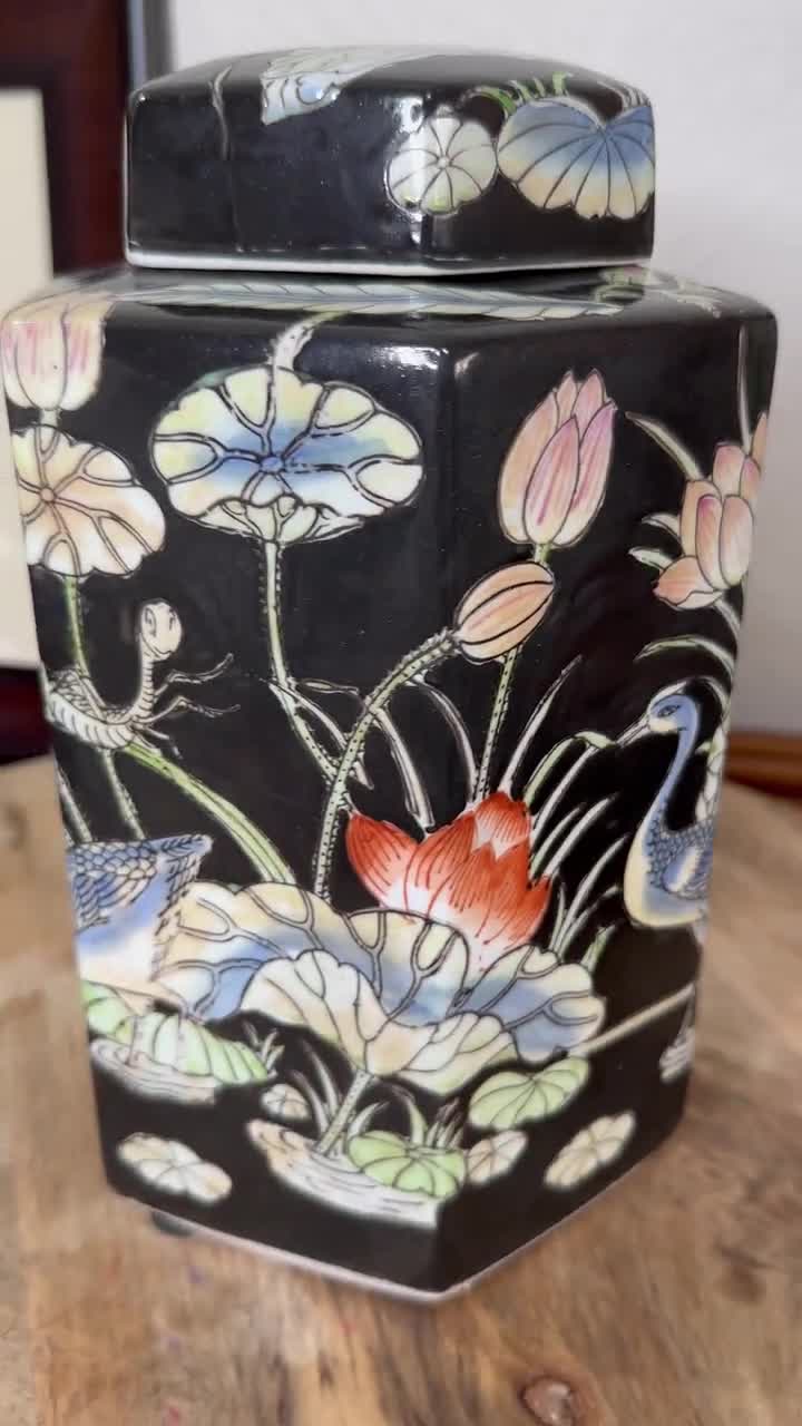 Chinese Export Famille Noire Hexagonal Ginger Jar Lotus, Crane