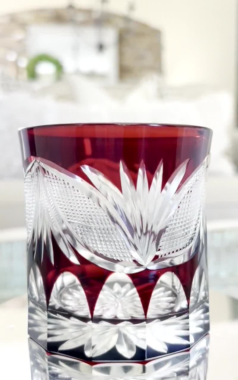 Vintage Byron Craft Edo Kiriko Ruby Cut to Clear Uoku Bamboo Leaves Design  Old Fashioned - On The Rocks TYCAALAK