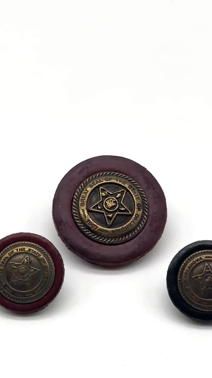 Vintage Oklahoma Seal Buttons: Leather Rim, Antique Brass - Set of