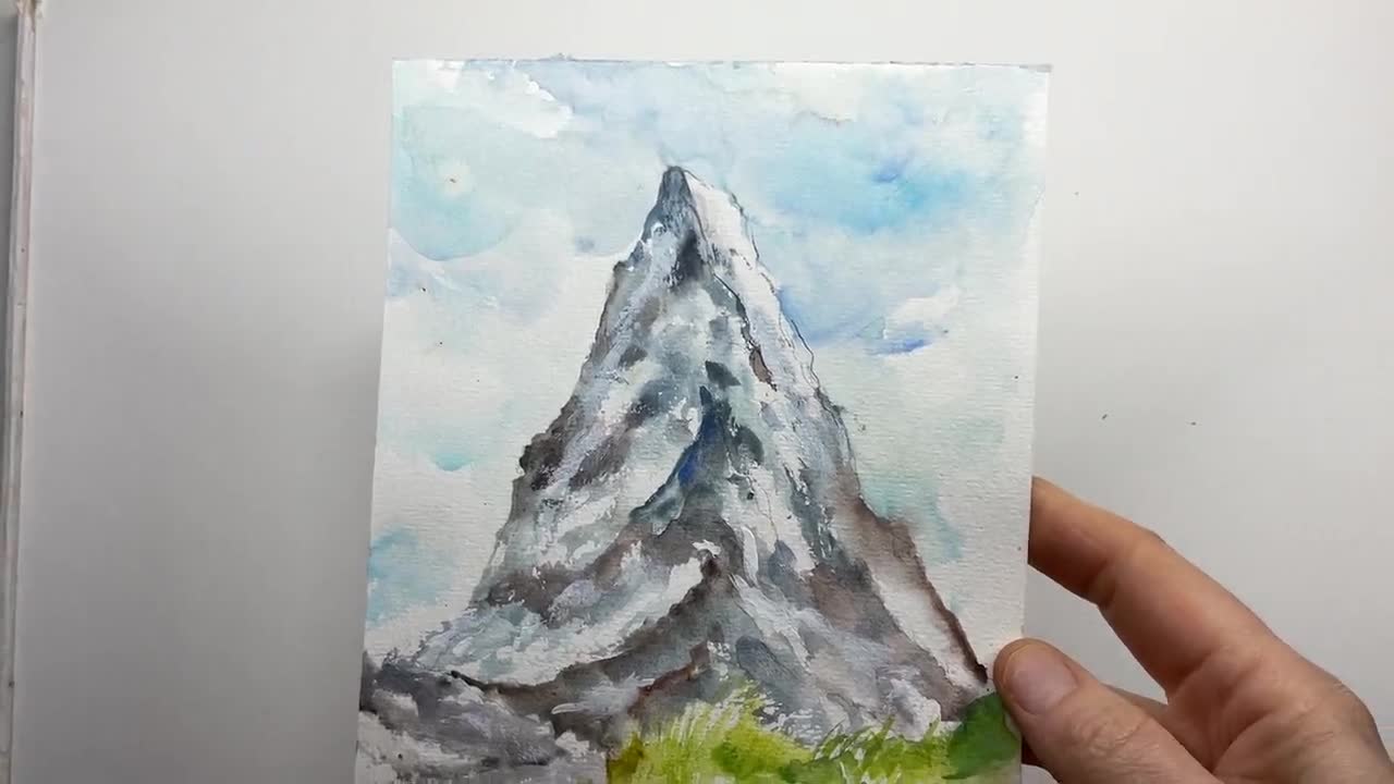 夏のマッターホルン山の水彩画、スイスアルプスのマッターホルンの風景