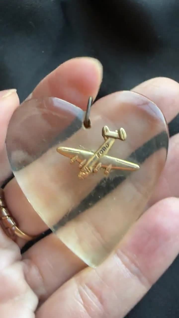 Vintage 1940s Lucite Heart Sweetheart Pendant W/ford Airplane // 1