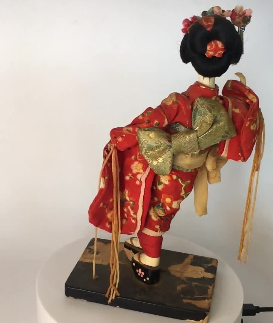 Rare Midcentury Vintage Japanese Porcelain Doll in Red Decorative