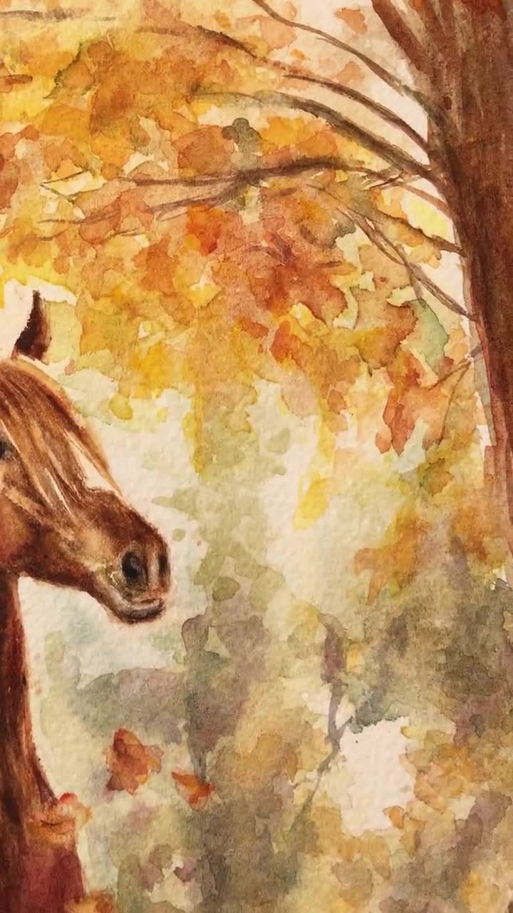 オリジナルの水彩画「馬の絵画」：秋の風景画 - Etsy 日本