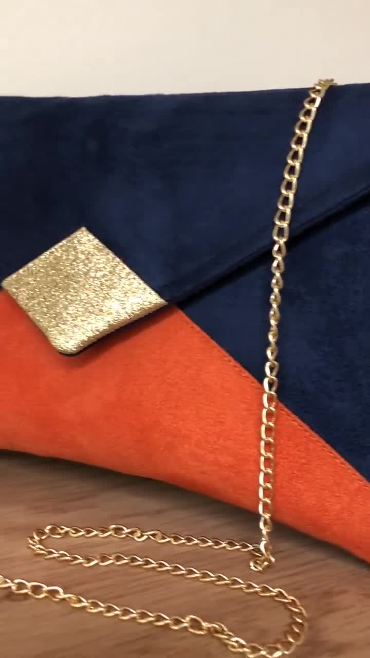 Etui à couverts en simili cuir bleu marine et toile cirée orange, doublé -  création artisanale : sacs-autres-sacs par mifilmiaiguille