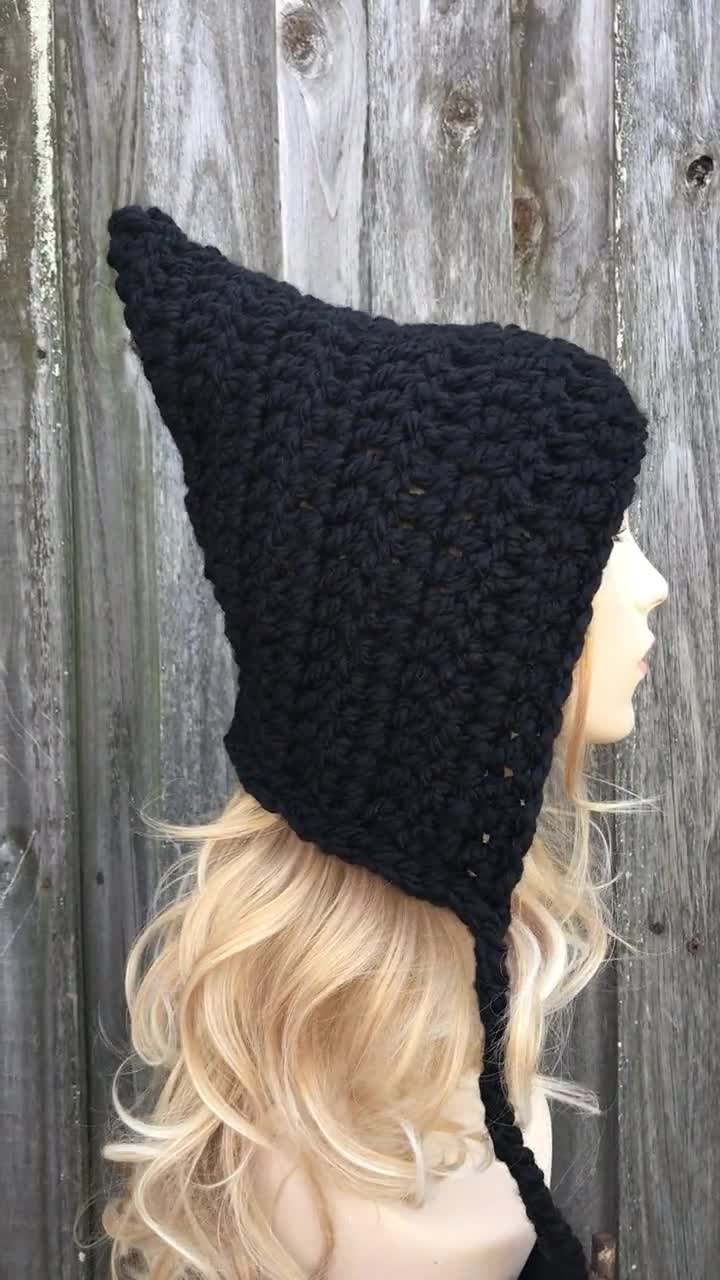 Chunky Crochet Hat, Witch Hat, Pixie Hat, Ear Flap Hat, Womens Hat 