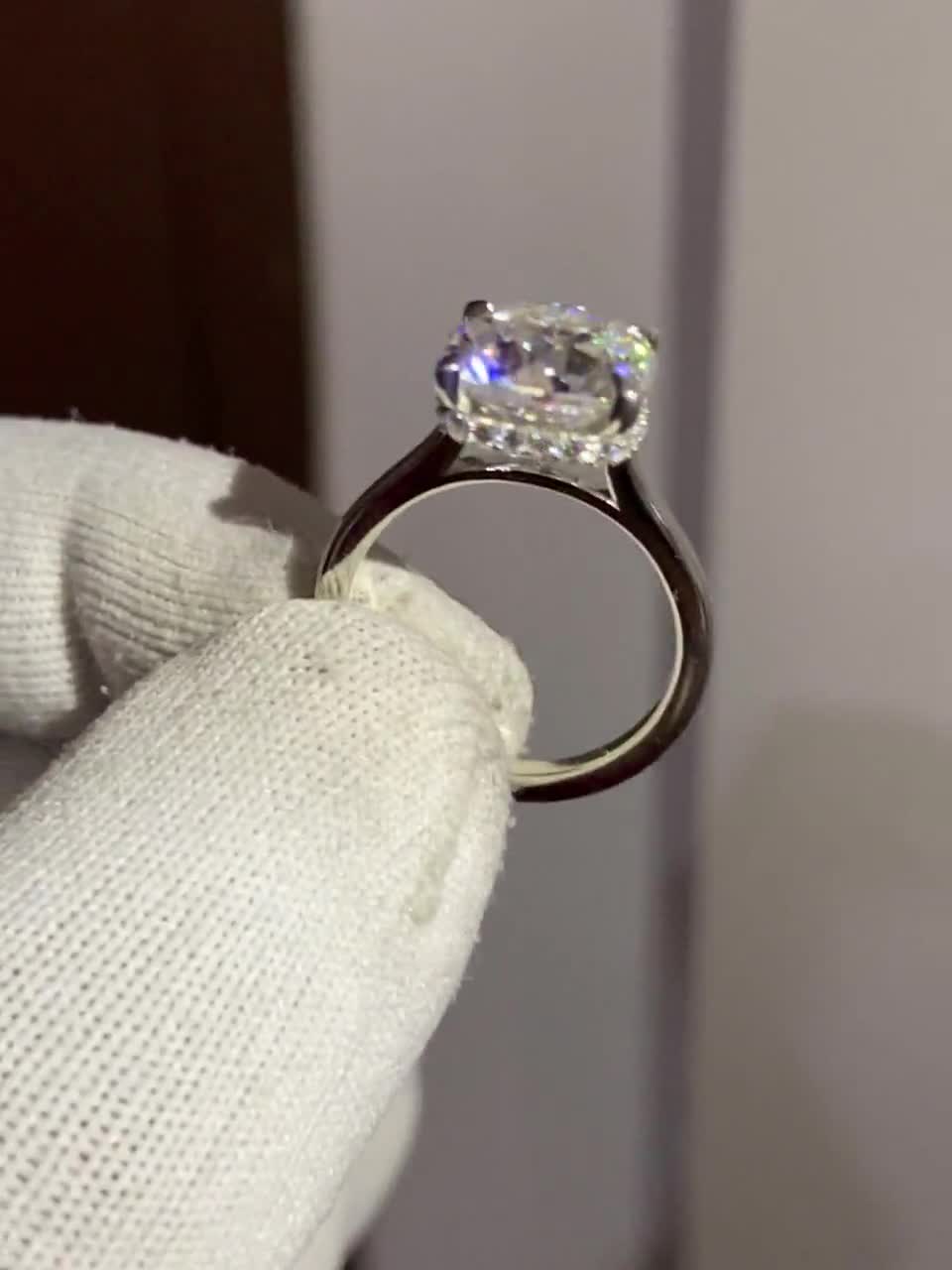 Cushion Cut Moissanite Ring: 14K Gold Hidden Halo Belt Engagement Ring with Vintage Cathedral shank video poster