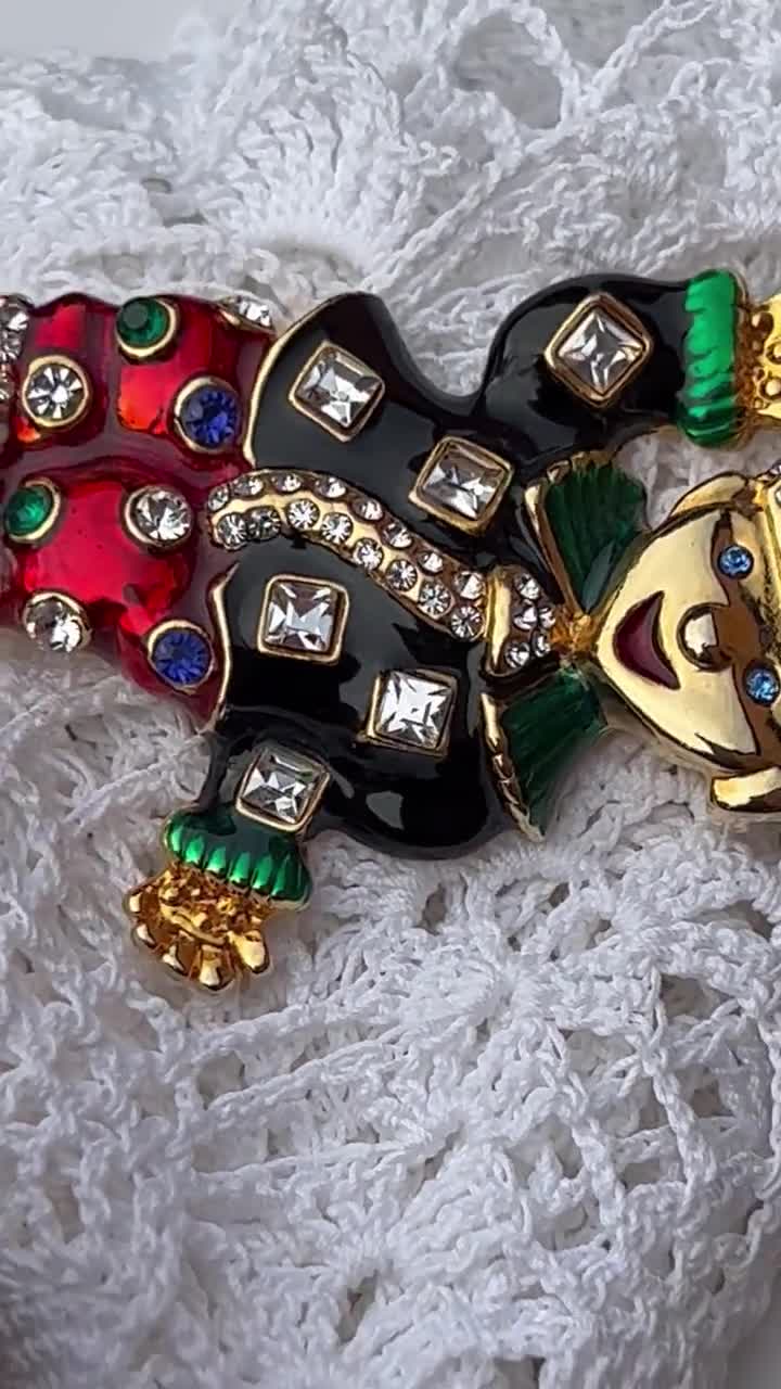Broche Vintage Clown En Or - Perles, Cristal, émail - Occasion, Sans Marque