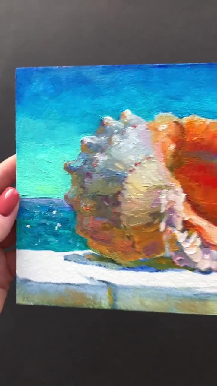 貝殻の絵画 オリジナル油絵 海景アート 沿岸装飾 (6 x 8 インチ
