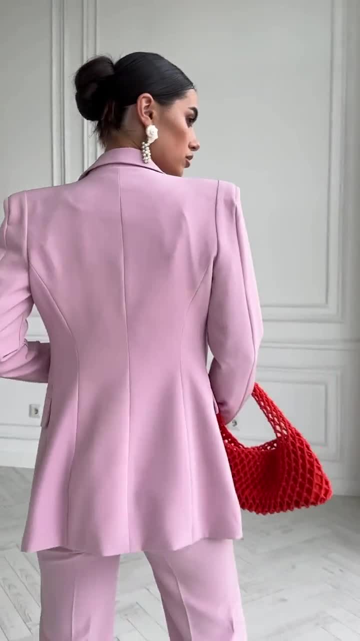Hot Pink Blazer Trouser Suit Set for Women, Pink Pantsuit With