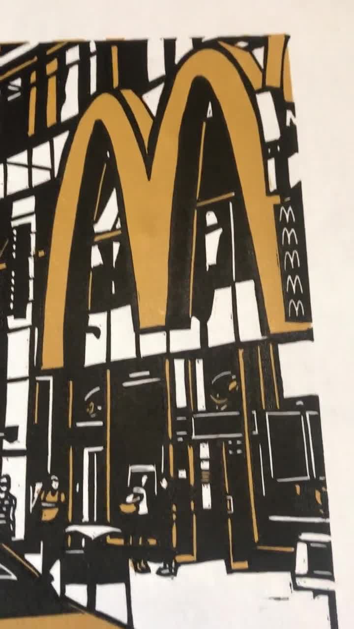 A4 New York Linocut print. 2 Colour Lino print on sale of featuring New York Taxi in Times Square and McDonalds. Handmade limited edition print