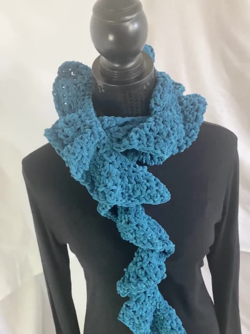 KellysCreationsxCo Teal Scarf, Ruffled Curly Scarf, Handmade Scarf, Handmade Scarf Winter, Knitted Handmade Scarf, Unisex Scarf, Polyester Scarf