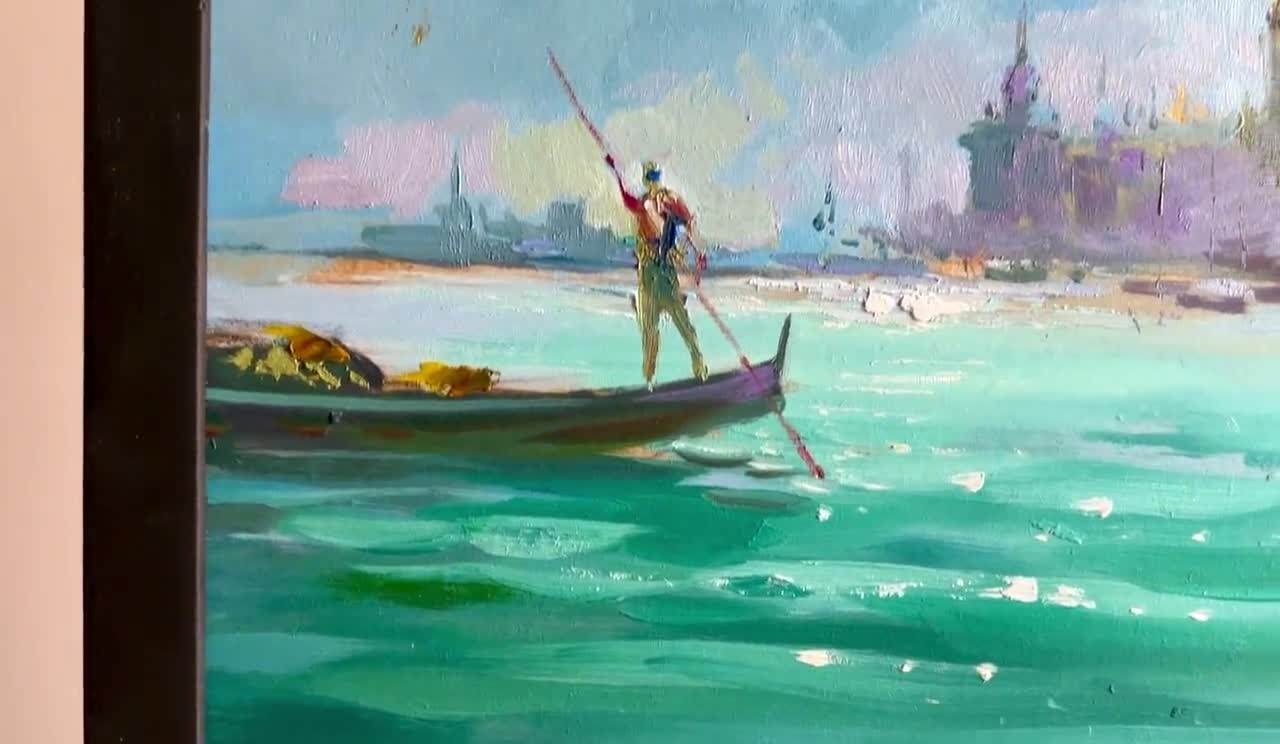 ヴェネツィアの海景油絵：ターコイズブルーの海に浮かぶゴンドラ、額