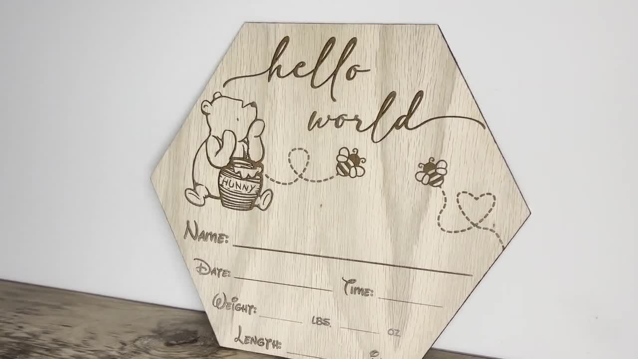 Wooden Baby Birth Announcement Sign - Winnie The Pooh Hunny Pot Design, 6.5\" Newborn Photo Prop, Gender Neutral