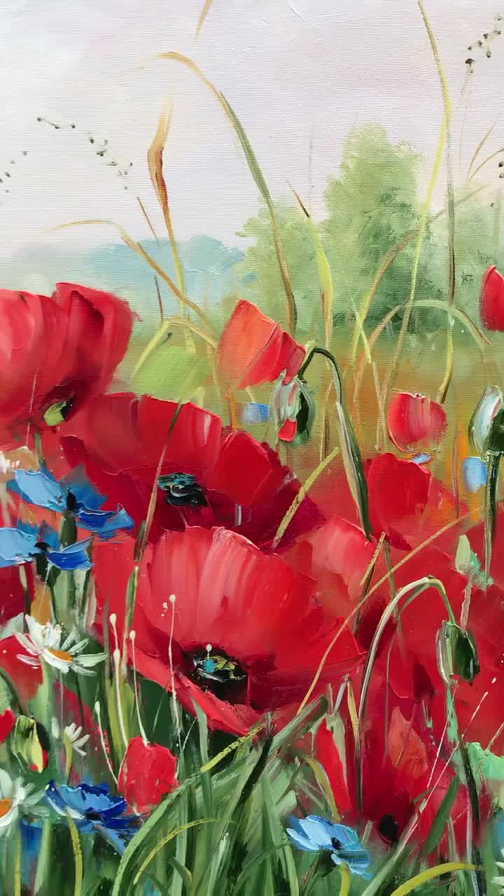 ウクライナのケシ畑の絵画 オリジナルアート作品 野生の花