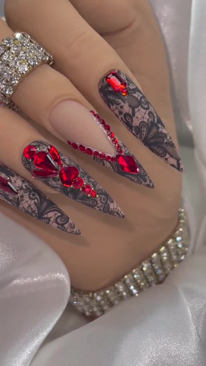 Buy Original Allyson Creation/swarovski Crystals/dramatic Classic Red Press  on Nails/red Nails With Bling AB Hearts/extra Long Nails/luxury Nail Online  in India - Etsy