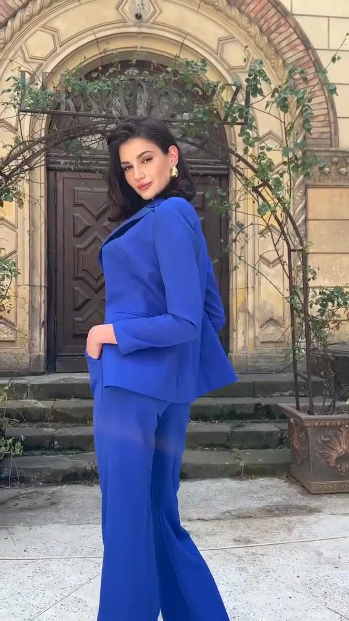 Royal Blue Woman Suit Set, 3 Pieces Dressy Pant suits, wedding guest suit