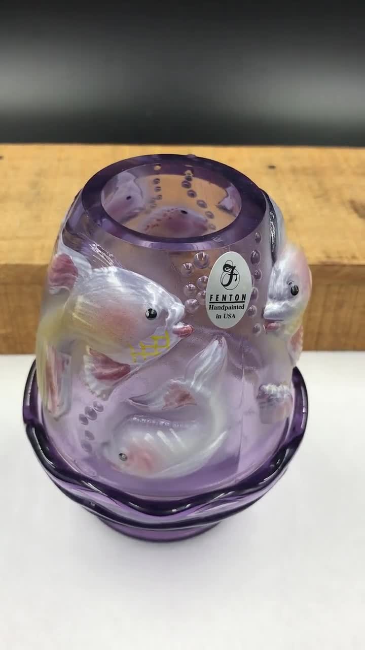 VTG Fenton Art Glass Atlantis Koi Fish Amethyst Purple Fairy Lamp 5204 AY  Signed with Original Fenton & Sales Sticker, Fenton Fairy Lamp