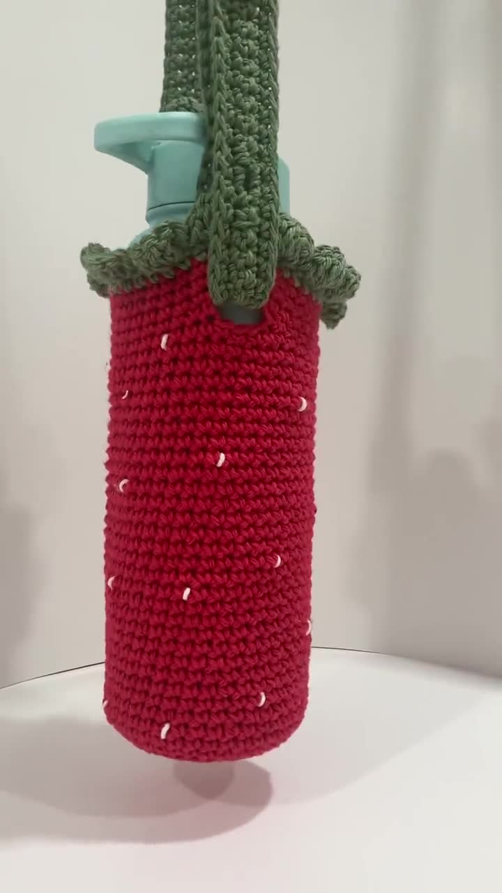 Crochet Strawberry Water Bottle Carrier With Keychain Handmade Cross Body Bottle  Holder 