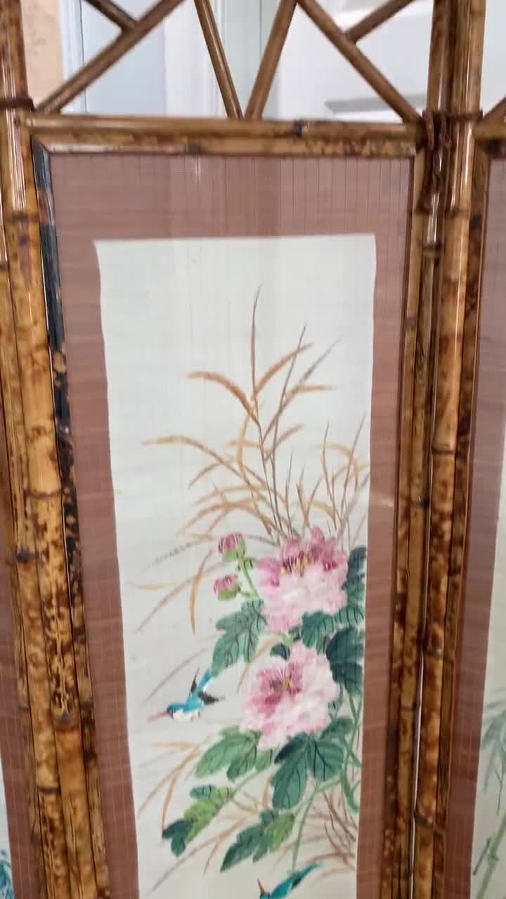 Hand Painted 4 Panel Burnt Rattan Chinese Folding Screen - Etsy