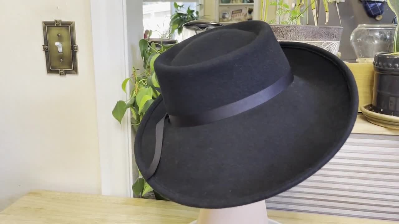 Black Wool Felt Wide Brim Hat: Telescope Style, Grosgrain Ribbon
