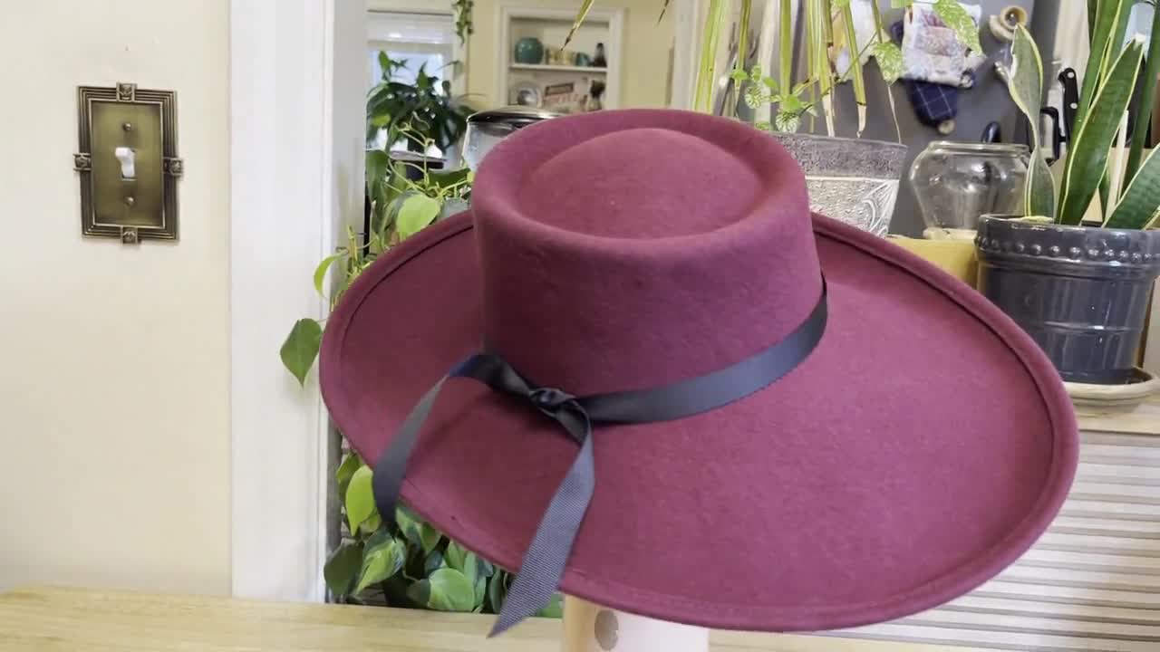 Burgundy Wine Color Large Brim Wool Felt Hat / Side Rolled