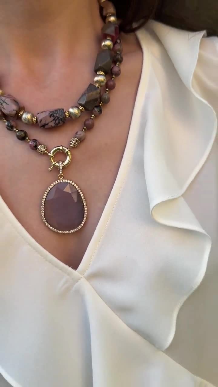 Rhodonite Stone Summer Necklace Unique Design Handmade - Etsy