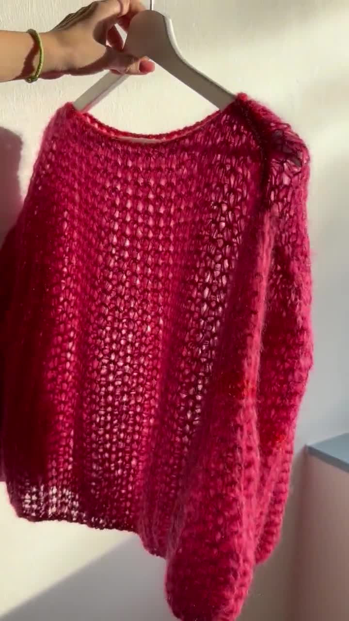Bright Fuchsia Pink Sweater Turtleneck Mohair Sweater Loose