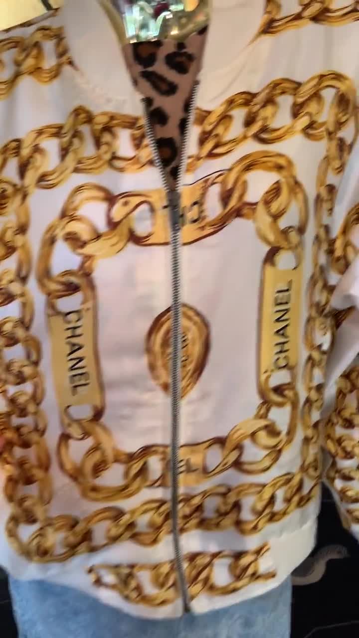Vintage CHANEL SILK Bomber Jacket Gold Chain Print - Etsy