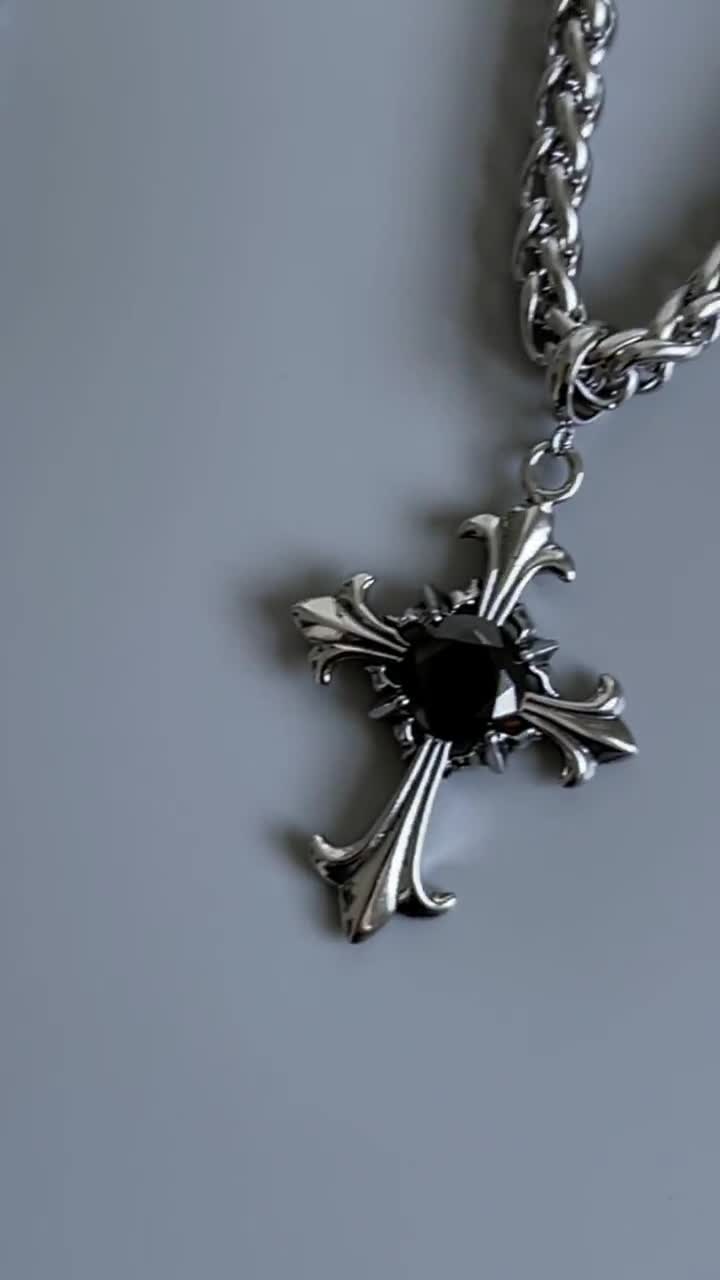Fleur Cross Chain Link Necklace Stainless Steel CZ Stone