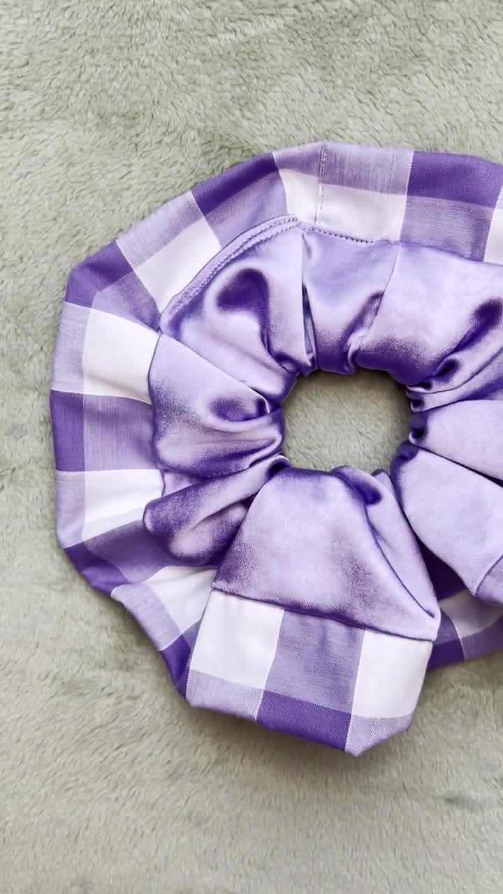 Lilac Satin Scrunchie With Wide Gingham Trim | Faux Silk