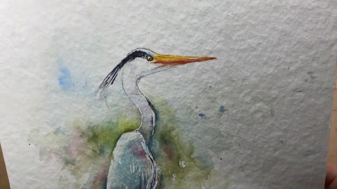 アオサギの絵画、オリジナルの水彩画、湿地や池の水鳥の絵画、鳥の