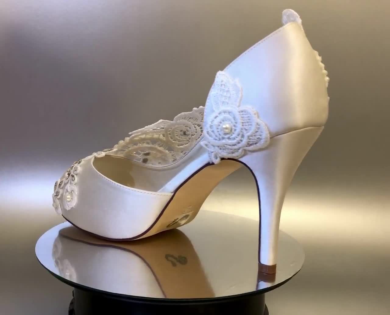 S.DEE ROSEVINE Open Peep Toe Handmade Satin Ivory White High Heel Handcraft Wedding Bridal Engagement Lace Pearl Rhinestone Bride Shoes