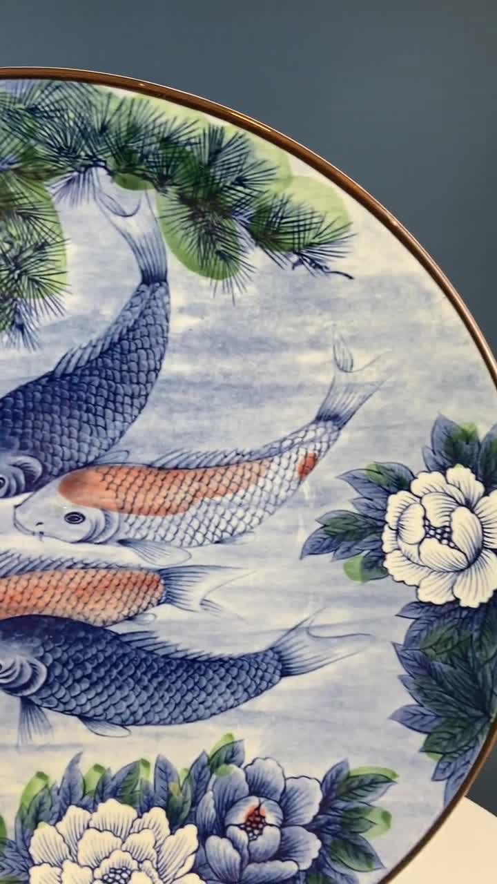 Handpainted Koi Fish Platter: Japanese Collectible Art Plate, 16