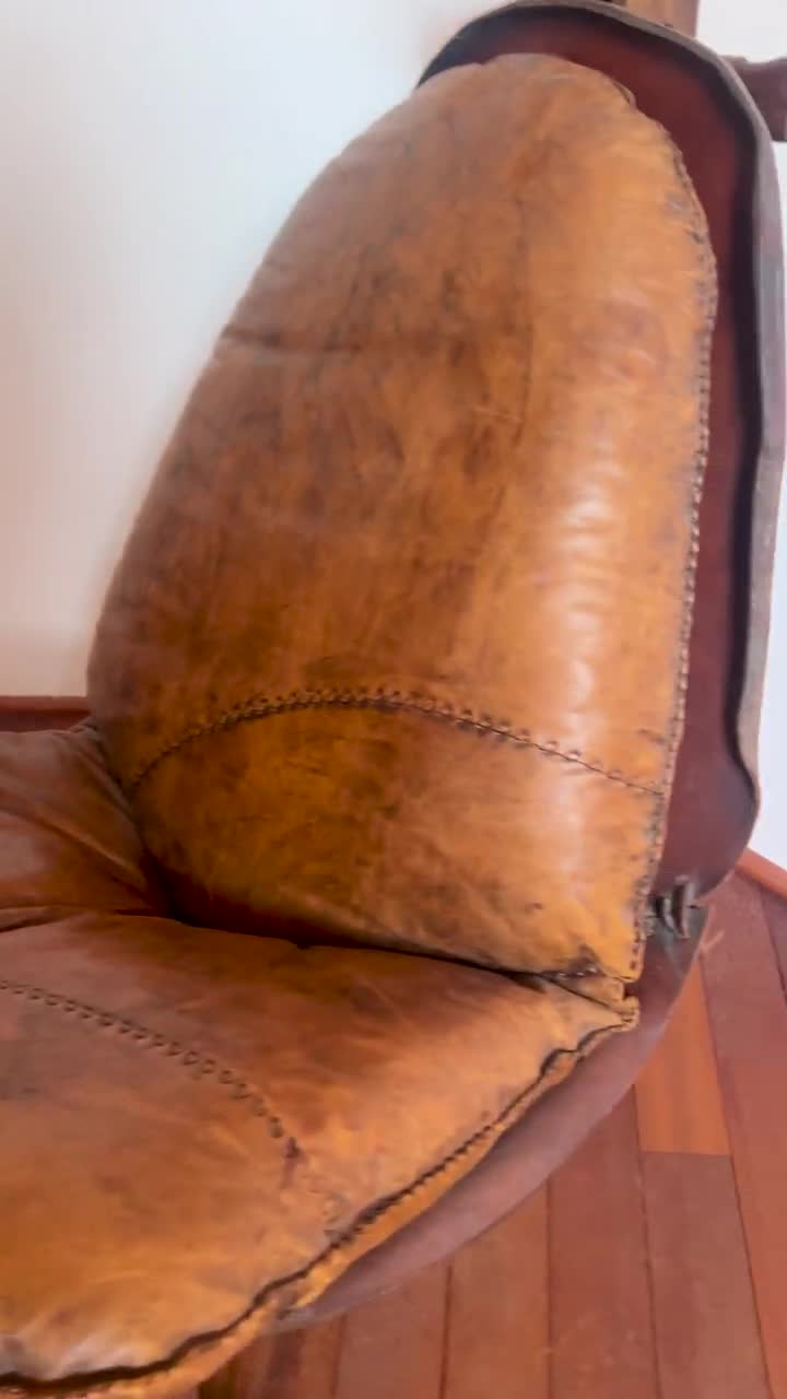 Buffalo Leather Lounge Chair with Rich Patina, Brazil, 1960s, Brutalist Vintage Chair video poster