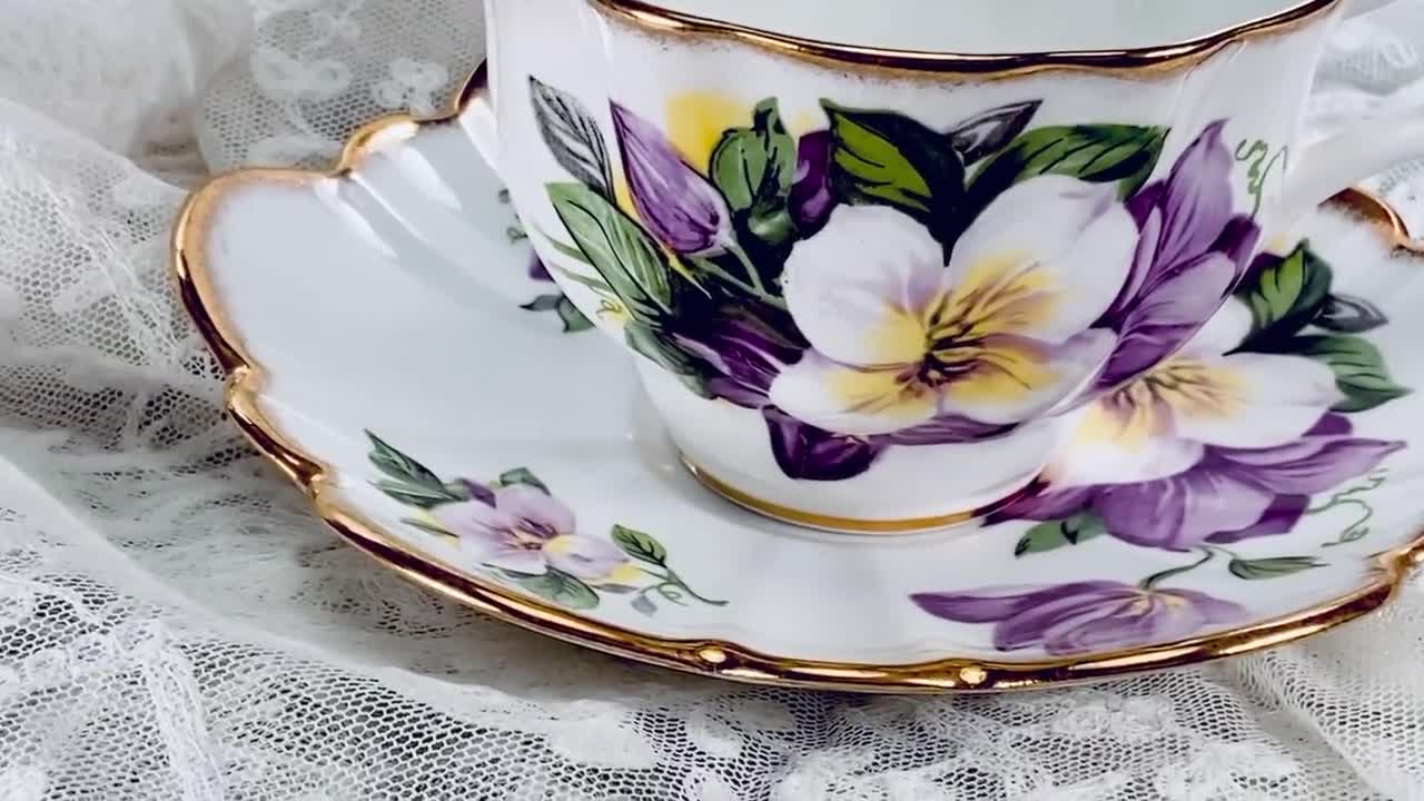 Salisbury Tea Cup and Saucer, Purple and White Flowers, Fancy High Handle,  Gold Gilt Trim, Made in England, Lovely Gift for Her, 1927-1949 